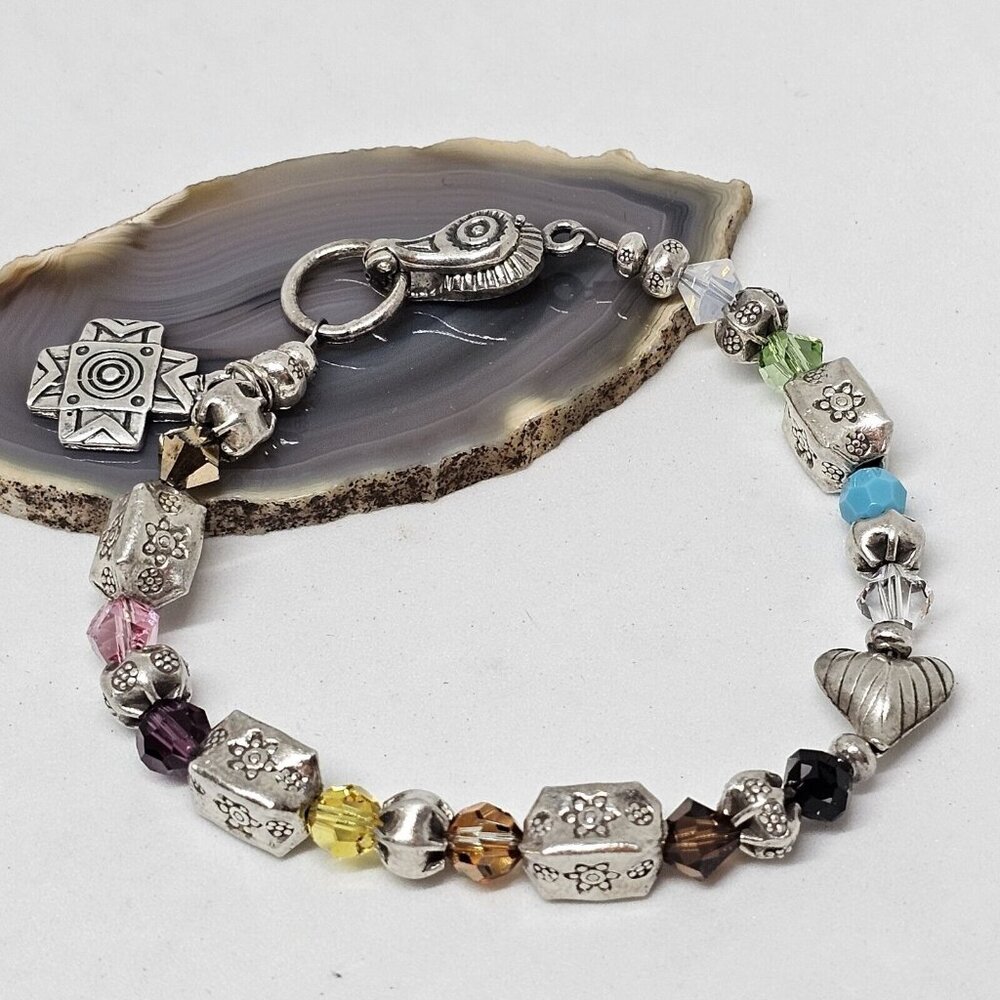JBB Joshua Benbassat 925 Sterling Silver & Crystal Beaded Bracelet Cross Charm